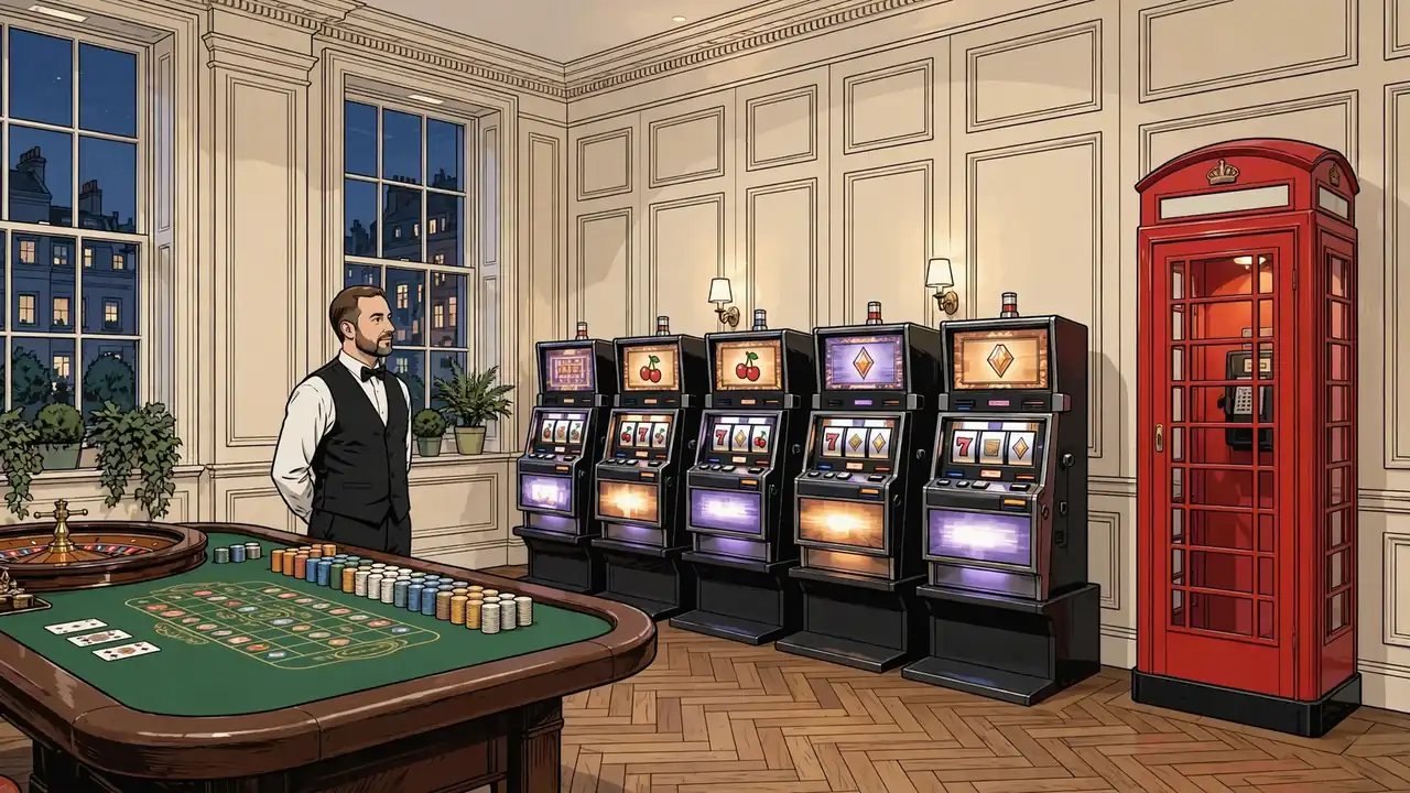 Evening view of a London casino floor with glowing slot machines and a croupier at a green table.