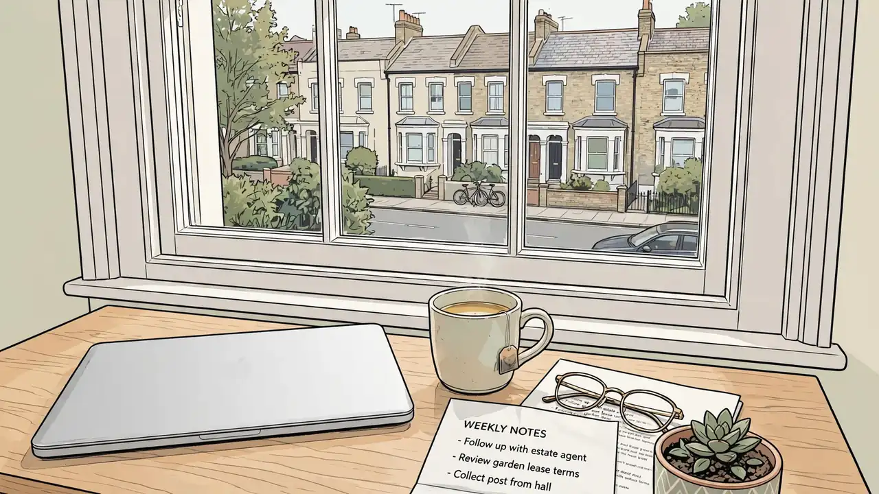 British home office desk with closed laptop, tea mug, and reading glasses by a window.