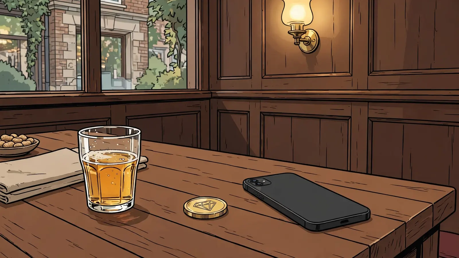 Golden crypto coin and smartphone on a pub table in the UK