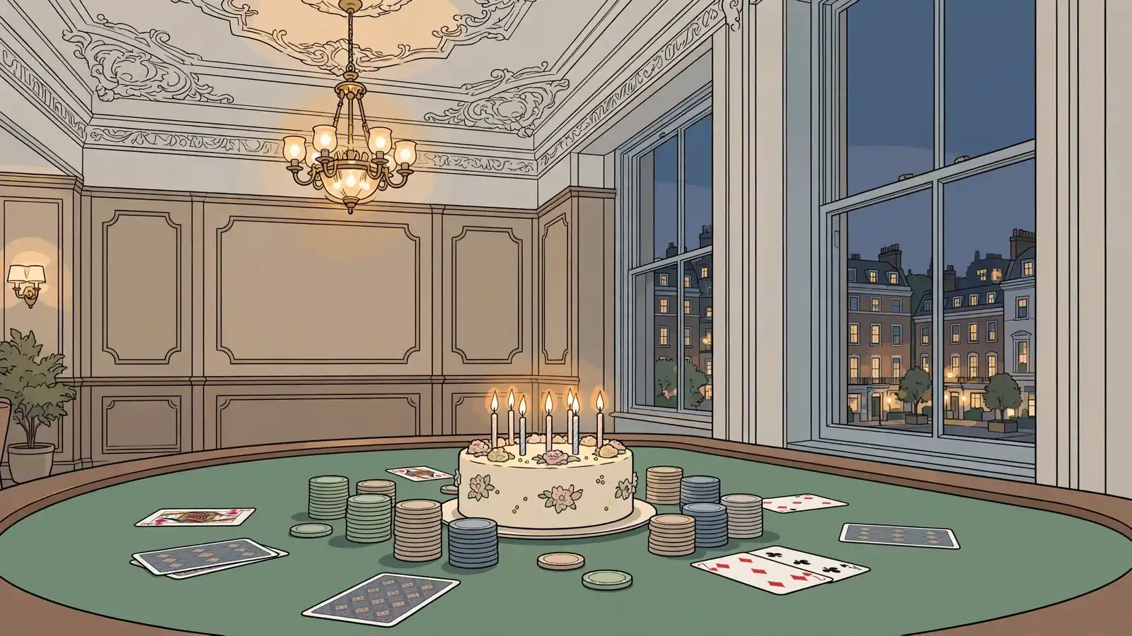 Birthday cake with candles on a green felt table surrounded by poker chips and playing cards in an elegant British casino.