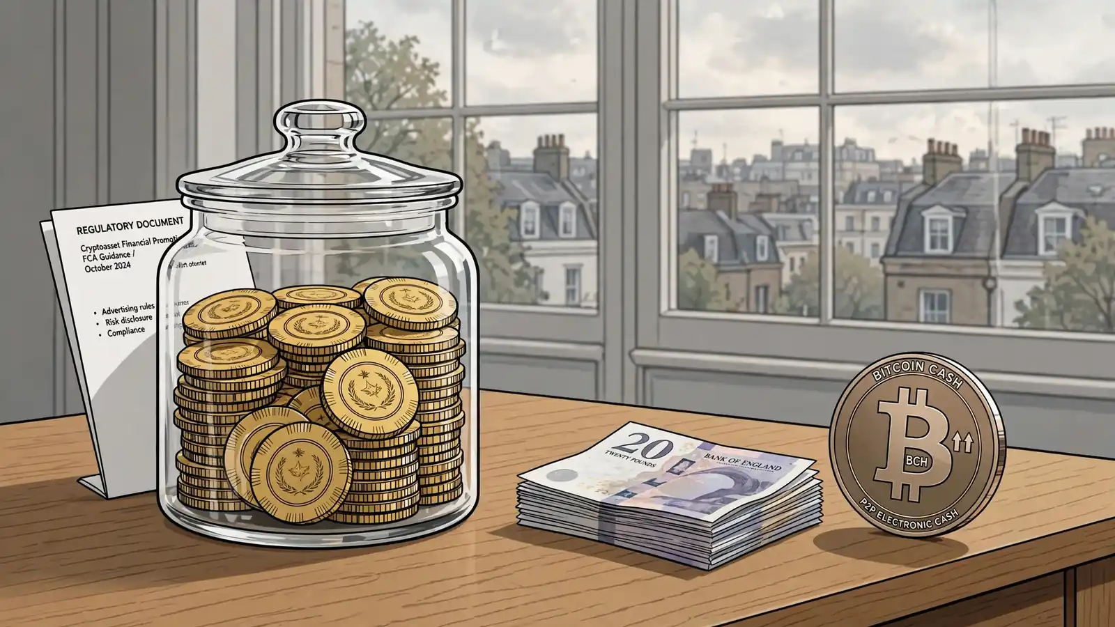 Casino chips, pound notes and a Bitcoin Cash coin on a table with London rooftops visible through a window.