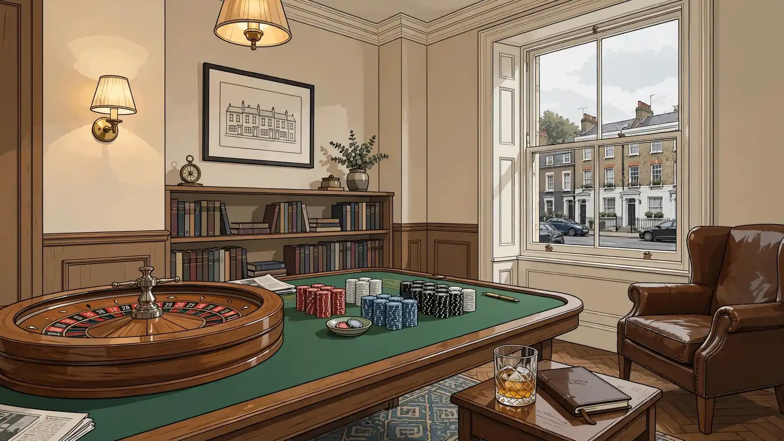 Private British gaming lounge interior with roulette wheel and chips