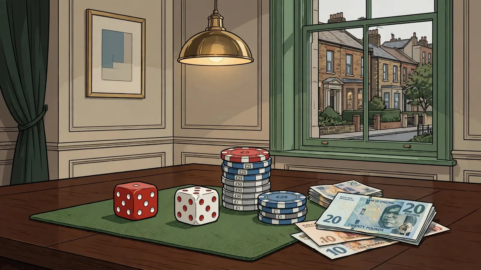 Casino dice on green felt next to chip stack and pound notes