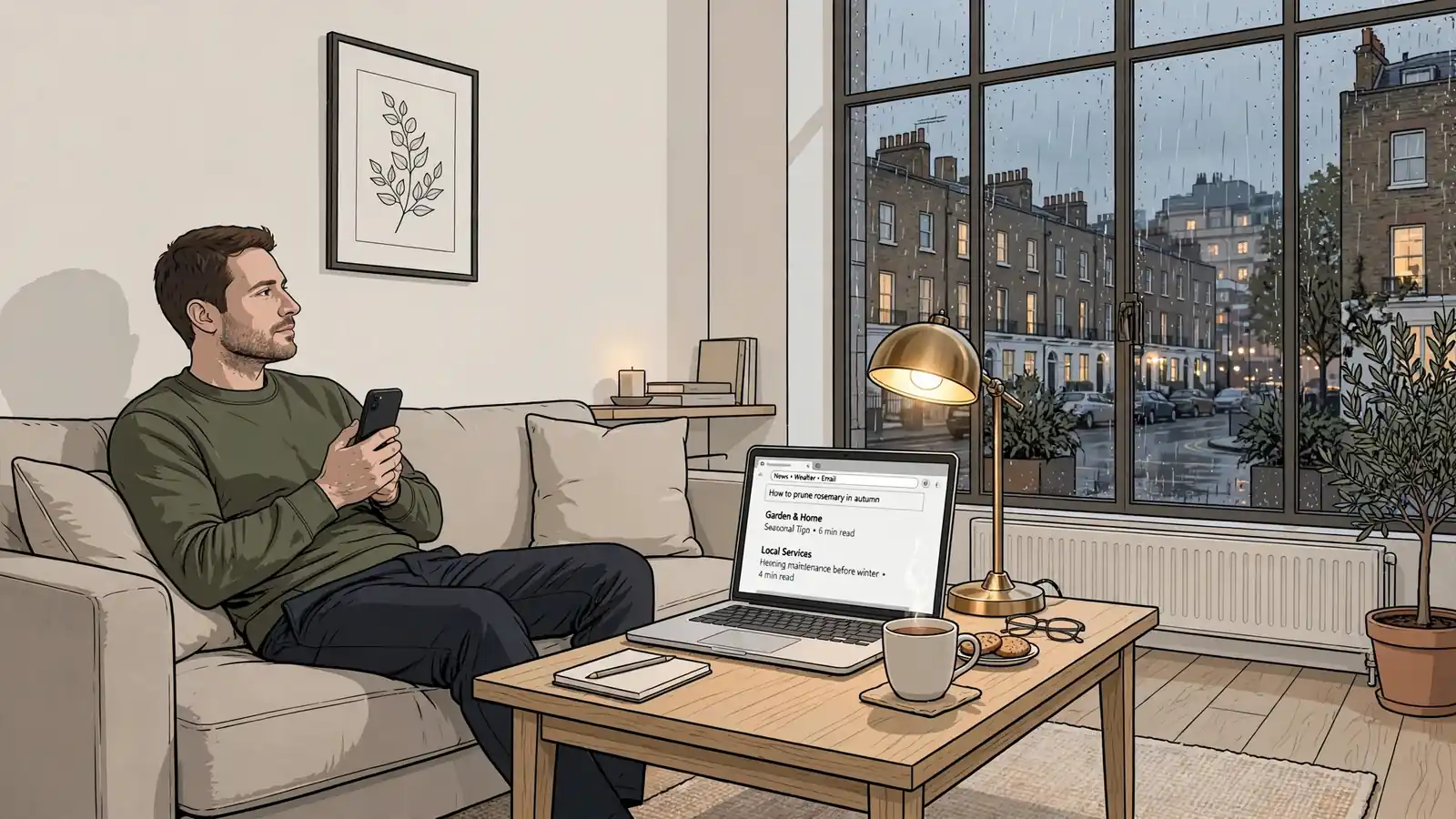 Person with smartphone in a London flat at dusk, no visible casino interface.