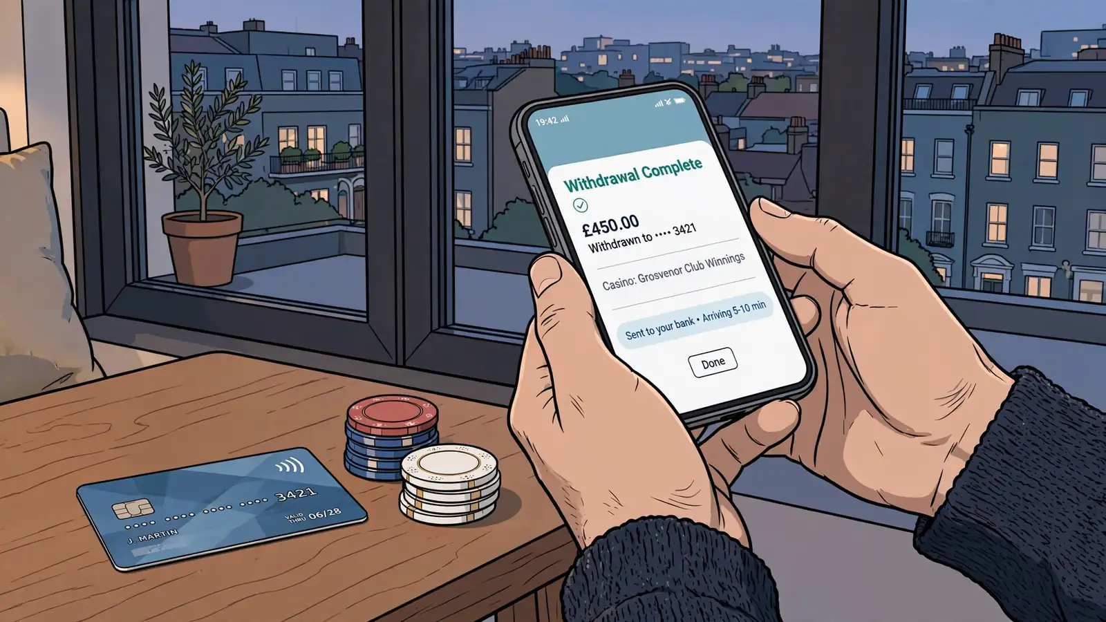 Hands holding a smartphone with casino chips and a payment card on a table.