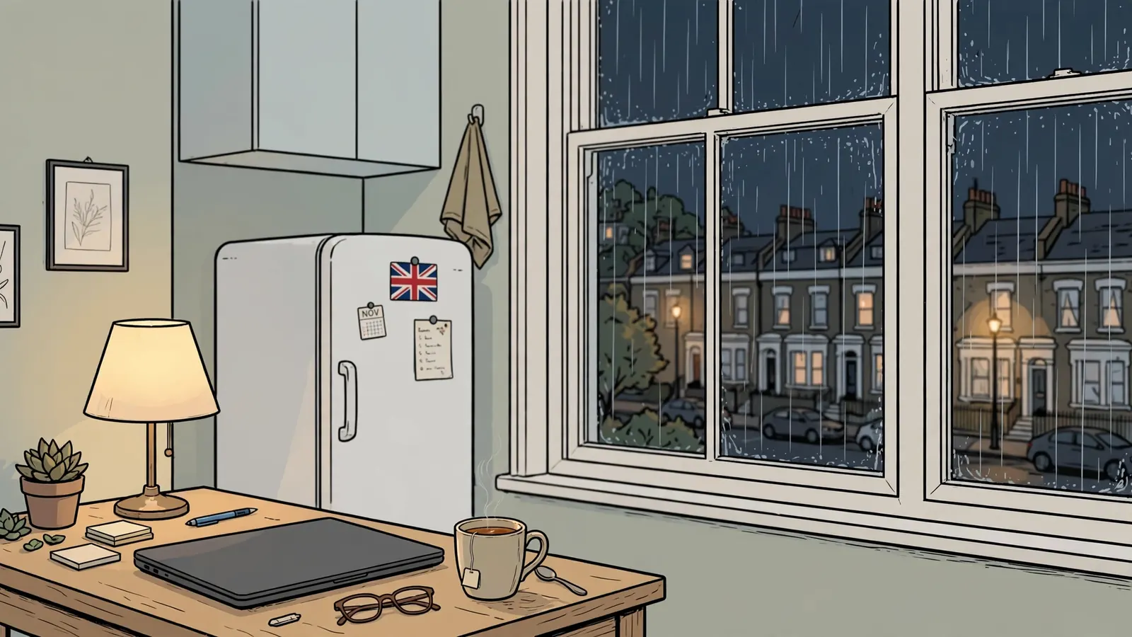 Closed laptop on a desk in a London flat at night, UK setting.