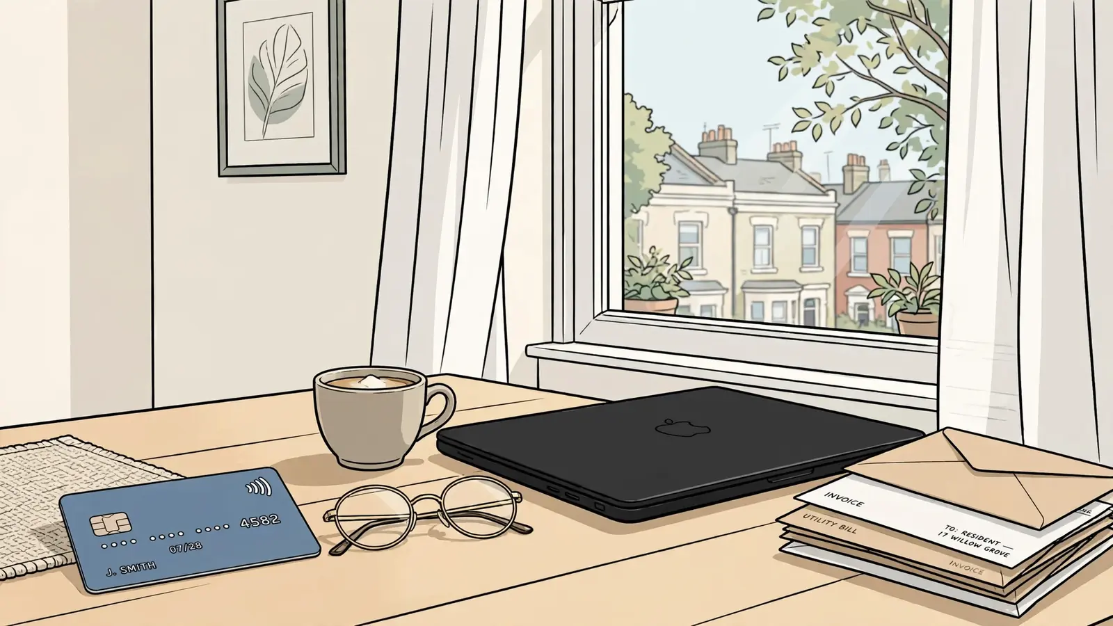 Credit card on a table beside a closed laptop in a sunlit UK apartment.