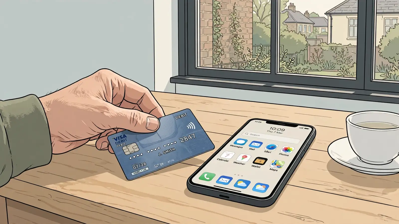 Hand placing a UK debit card on a table next to a smartphone.