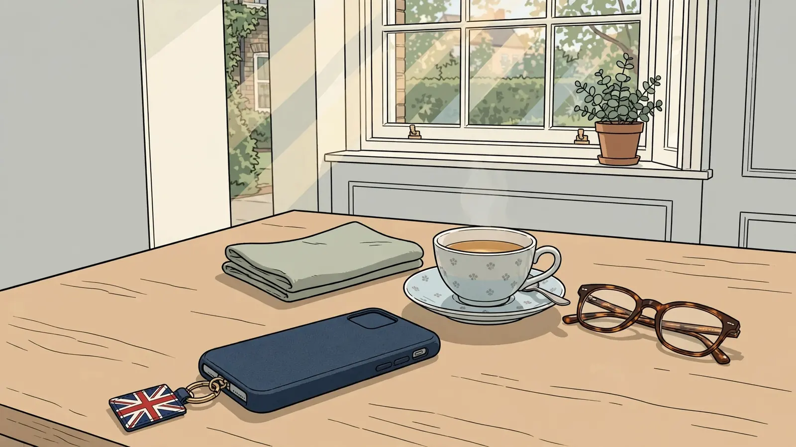 Smartphone on a British kitchen table next to tea and glasses, near a window.