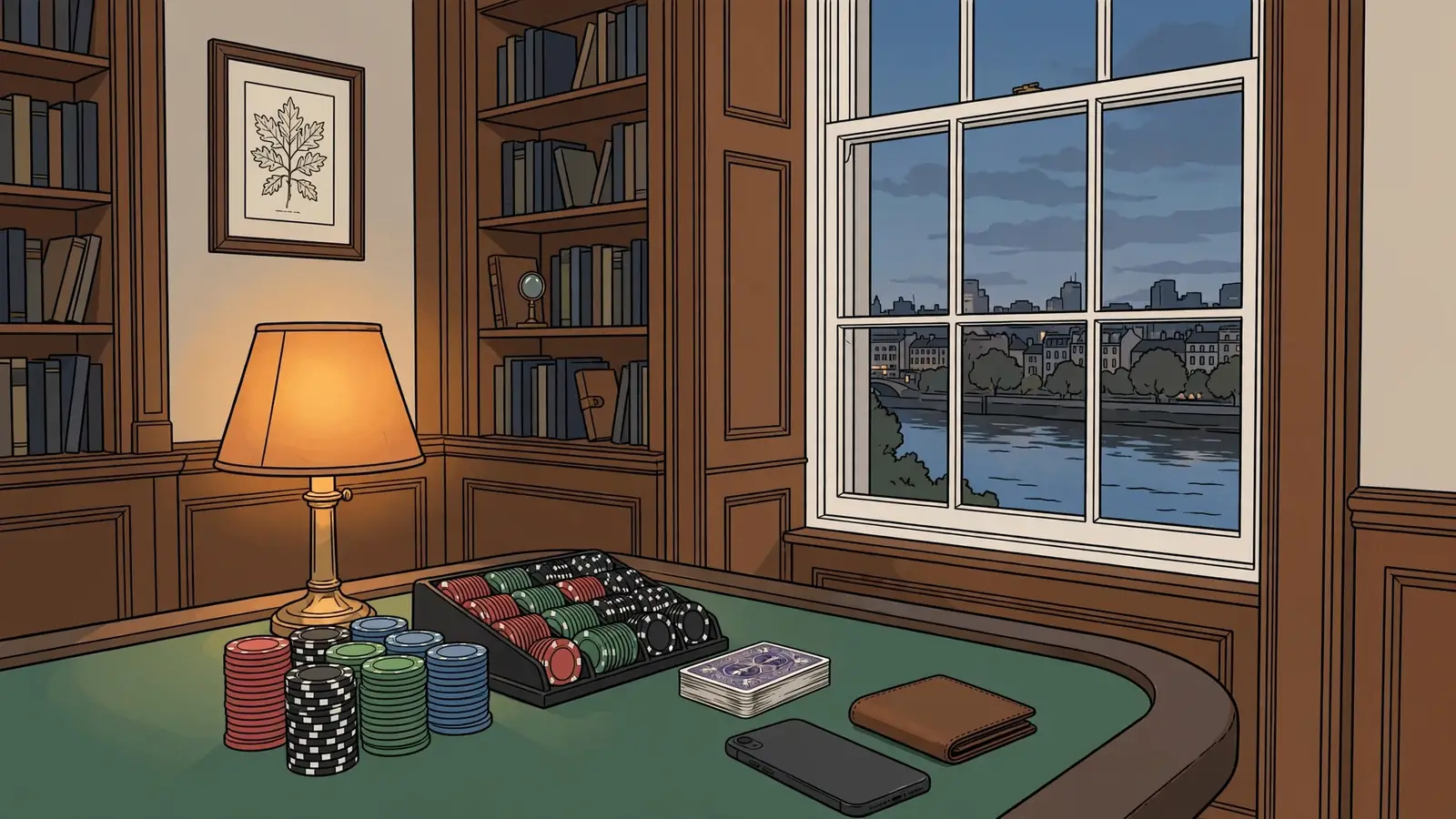 British lounge with green felt table, casino chips, cards and a face-down smartphone near a London skyline window.