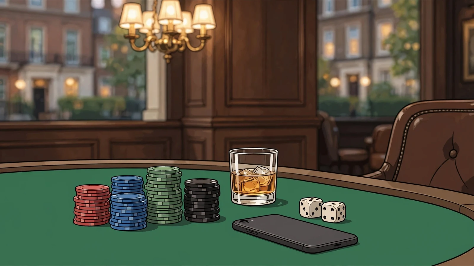 Casino chips, whiskey tumbler, and face-down smartphone on a green-baize British lounge table