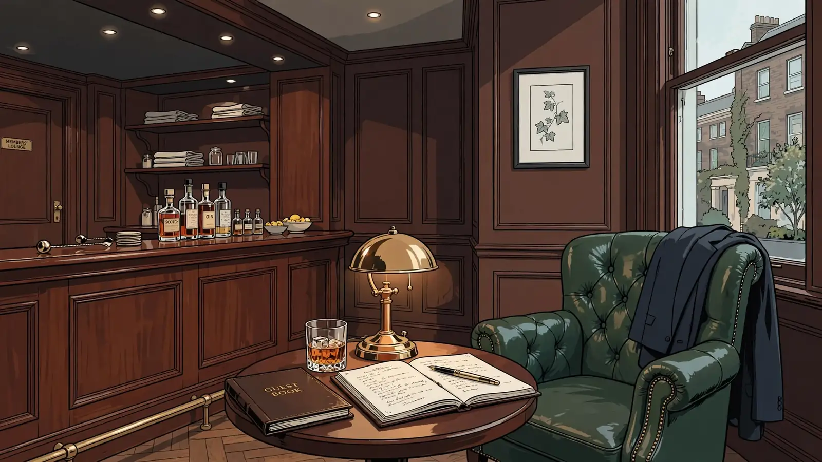 Elegant private members' lounge with warm lighting, leather chair and a whisky glass on a side table.