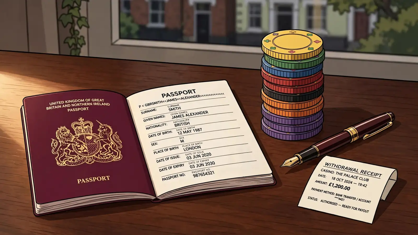 Open UK passport with chips and receipt on a wooden table under warm lamp light