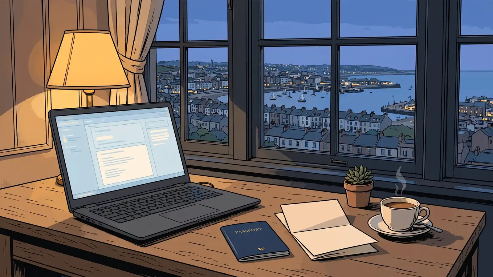 Laptop on a desk near a window showing a foreign coastal city at dusk.