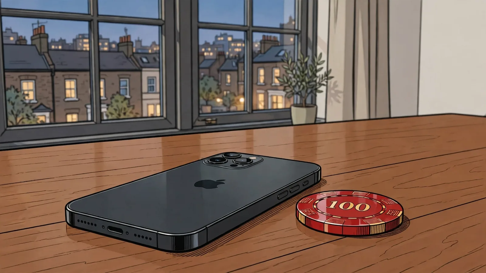 iPhone on a wooden table next to a red casino chip in a London apartment.