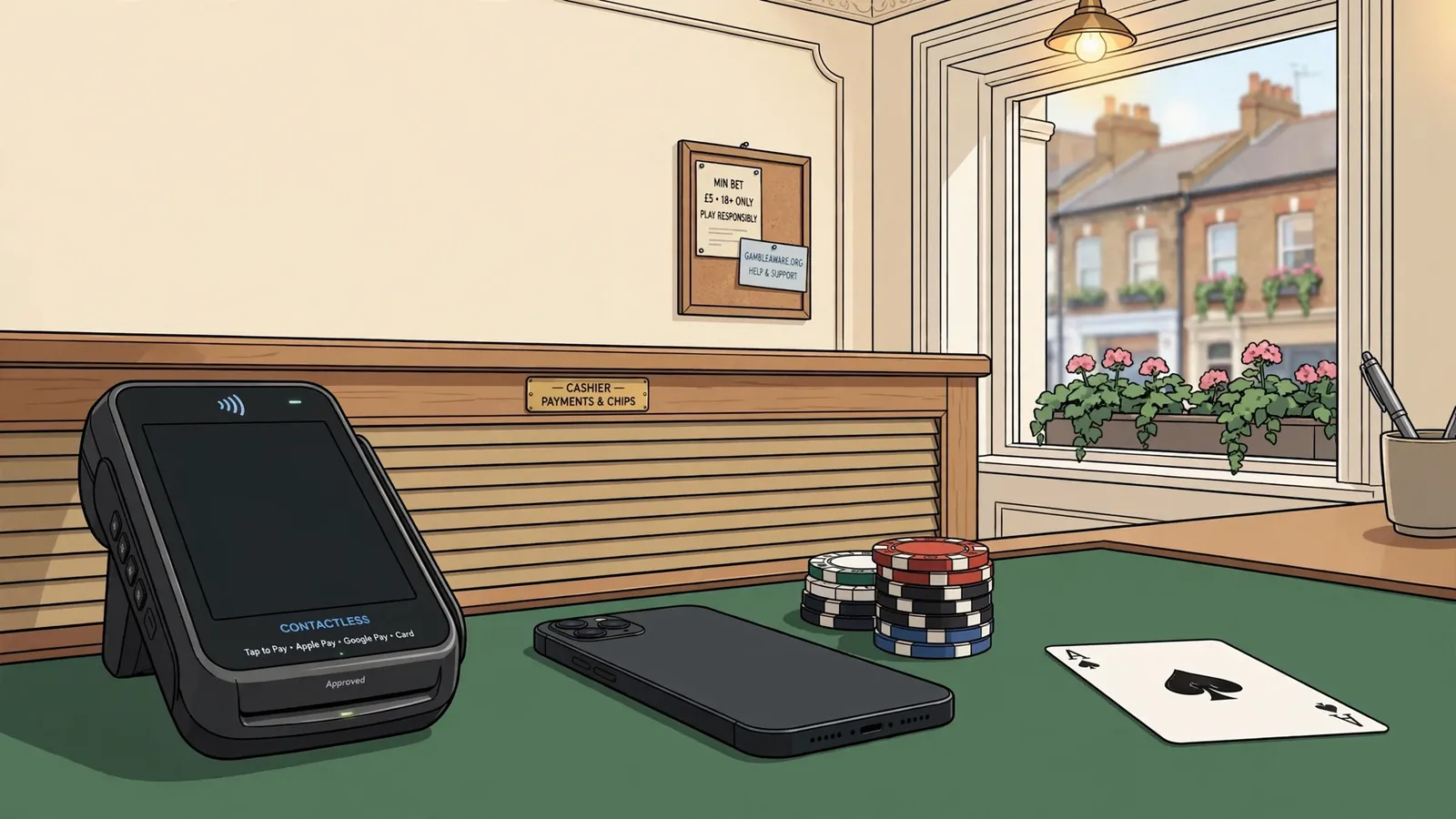 UK casino cashier counter with contactless payment terminal, chips, and card