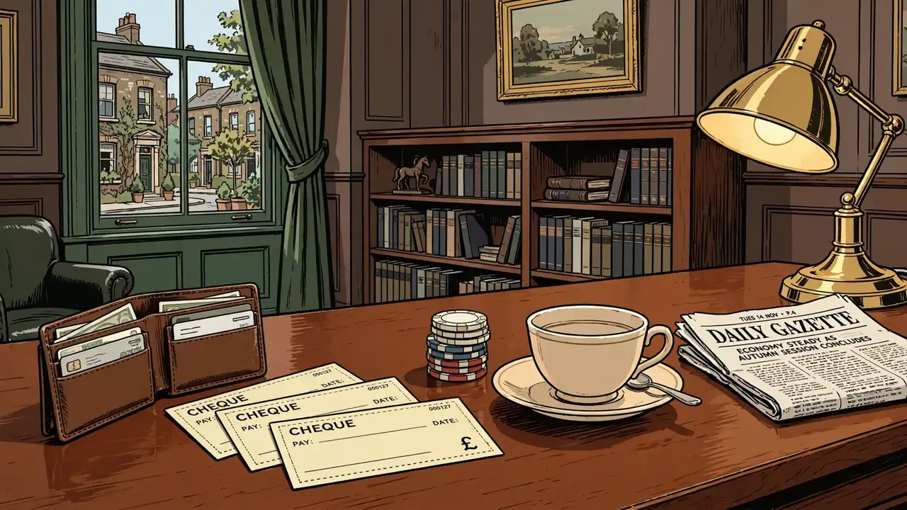 British club interior with bank cheques and poker chips on a mahogany table