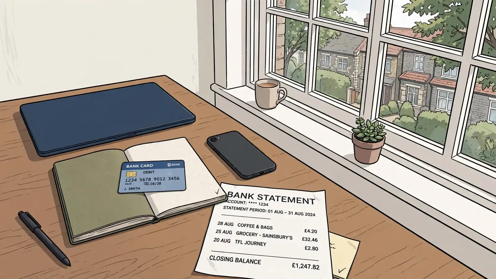 Desk by a window with closed laptop, UK bank card and bank statement printout.