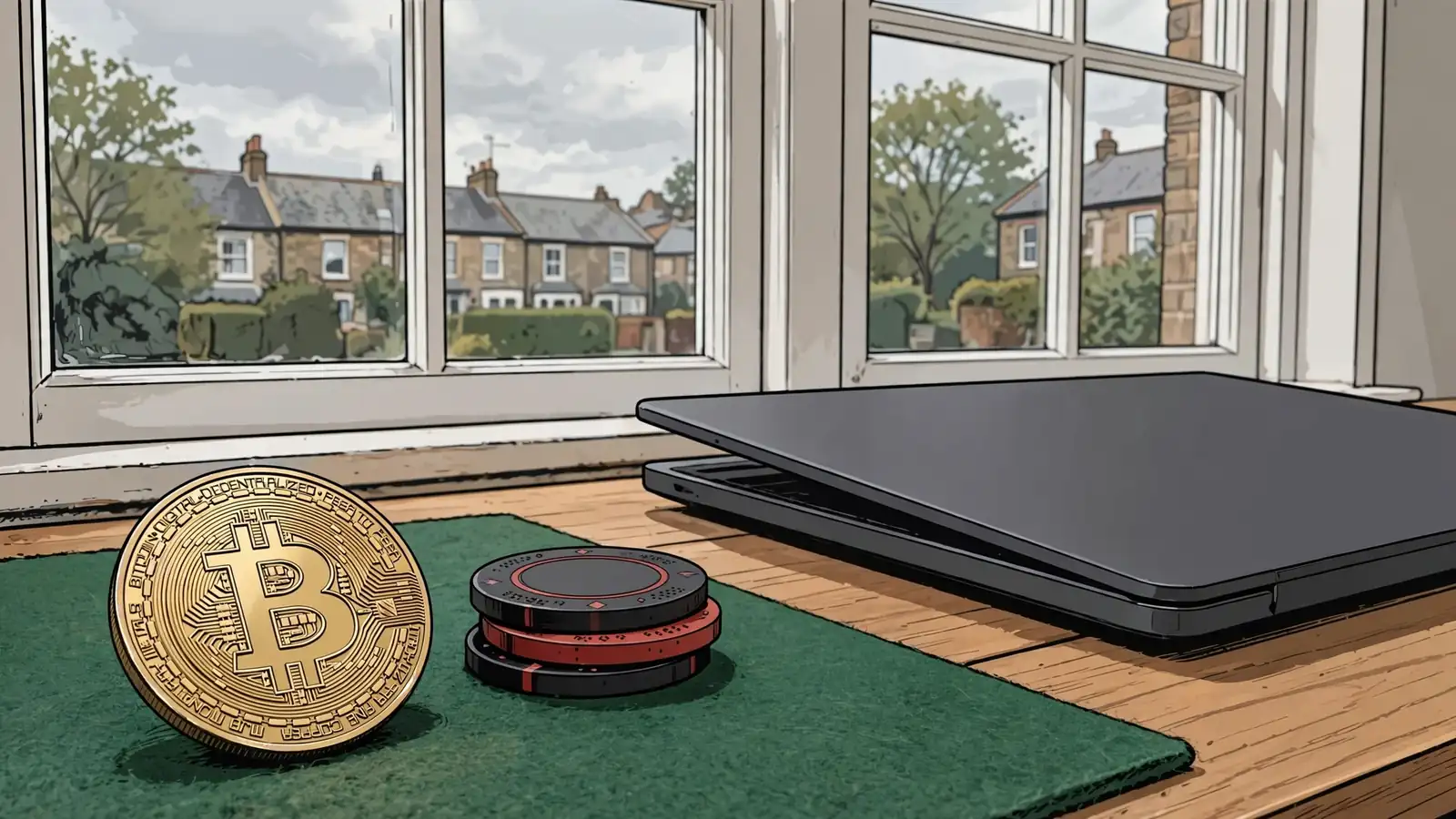 Bitcoin token on green felt with casino chips and a closed laptop near a window