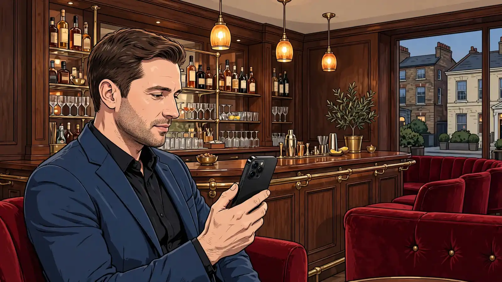 Person holding a smartphone inside an upscale British casino lounge with warm ambient lighting.