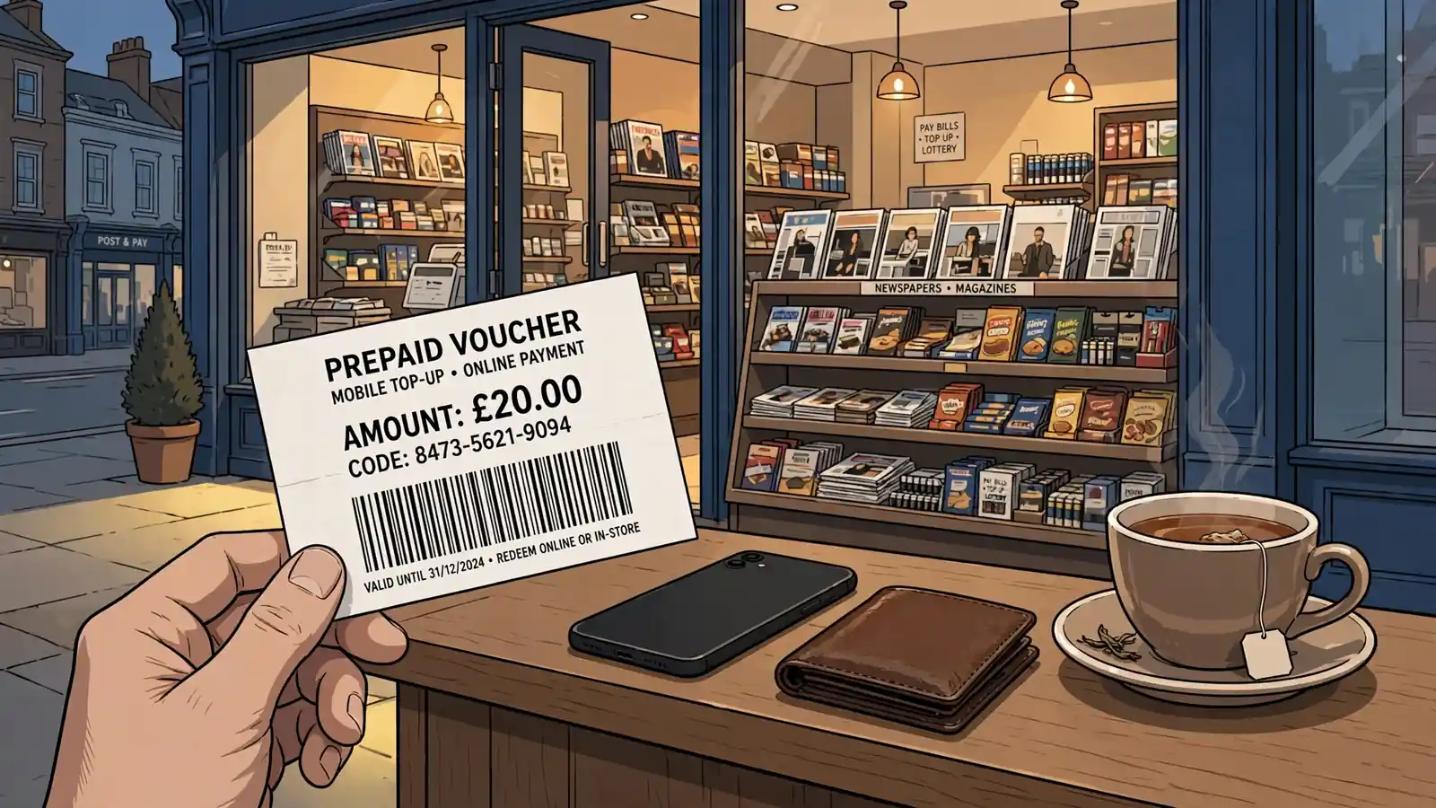 Hand holding a prepaid voucher near a wallet and a smartphone outside a British shop