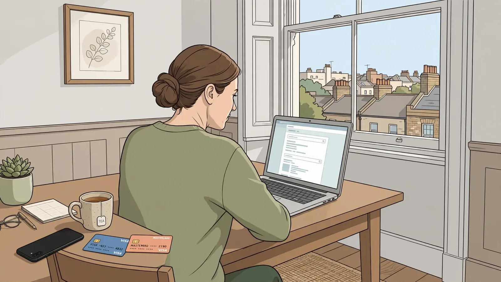 Person at a desk with laptop and payment cards in a London apartment.