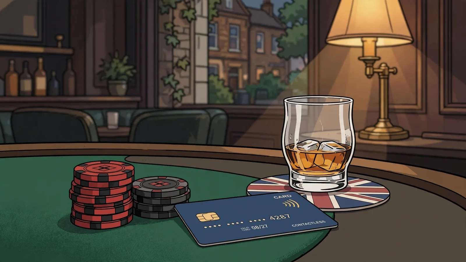 Casino chips stacked next to a payment card on a green felt table inside a British gambling lounge.