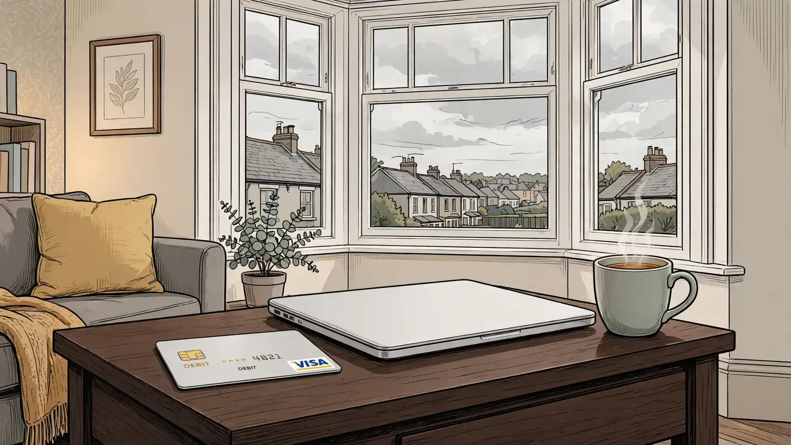 UK debit card on a wooden table beside a closed laptop and a tea mug in a British living room.