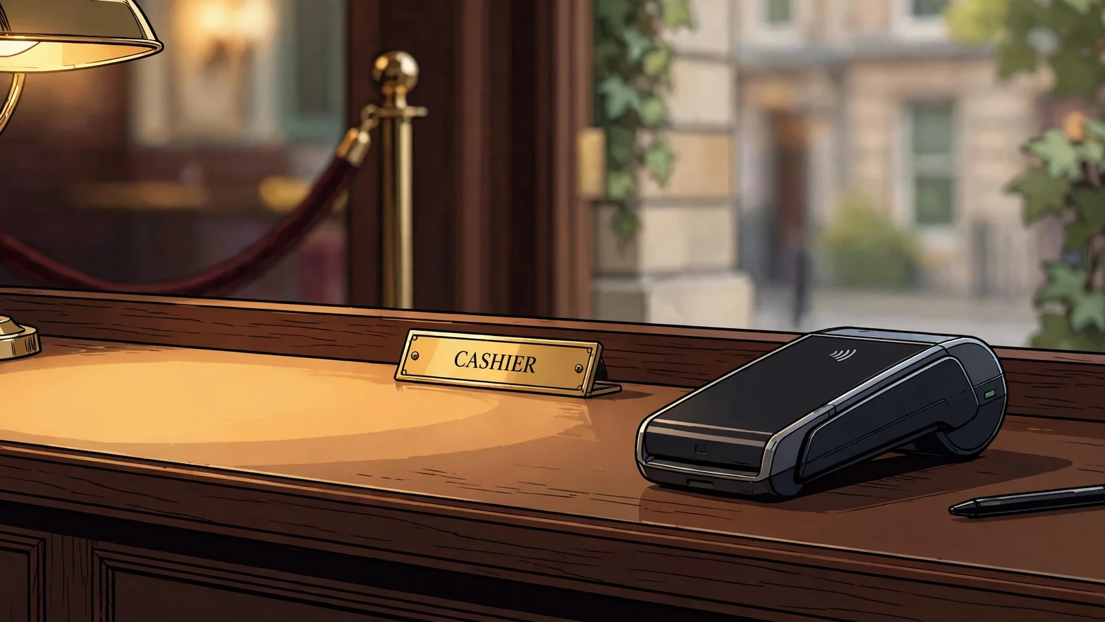Casino cashier desk with card reader terminal under warm lamp light