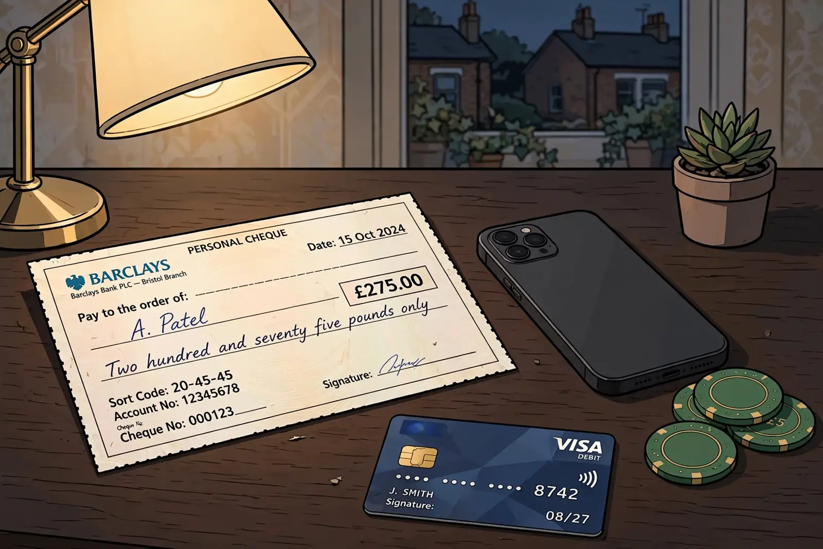 Bank cheque, smartphone, UK bank card and casino chips on a desk