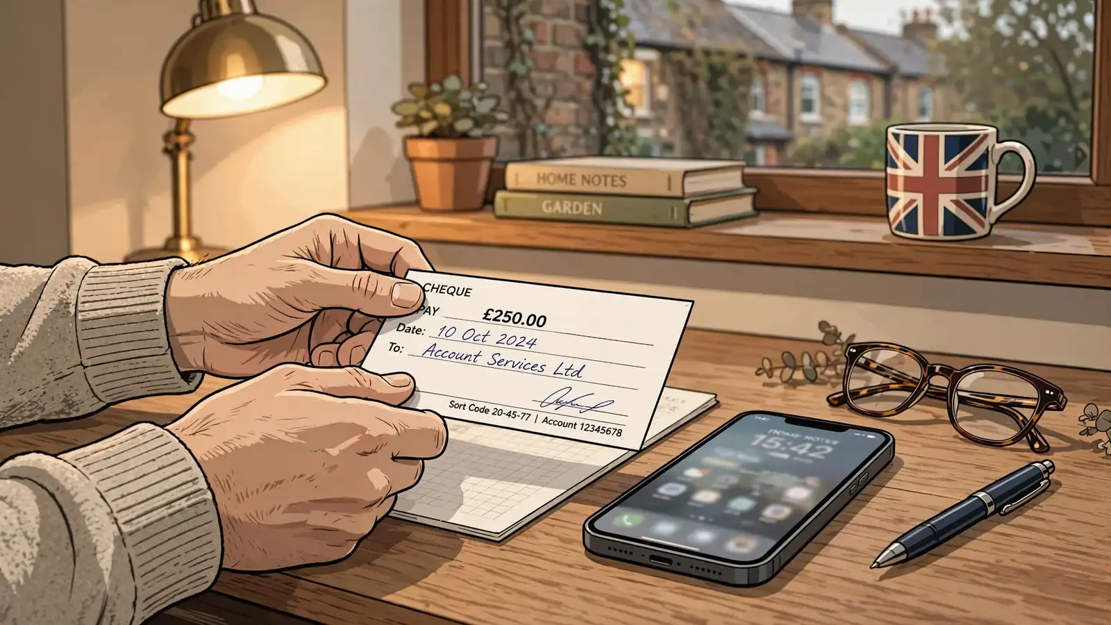 Hands placing a paper cheque beside a smartphone on a wooden desk, UK home office.