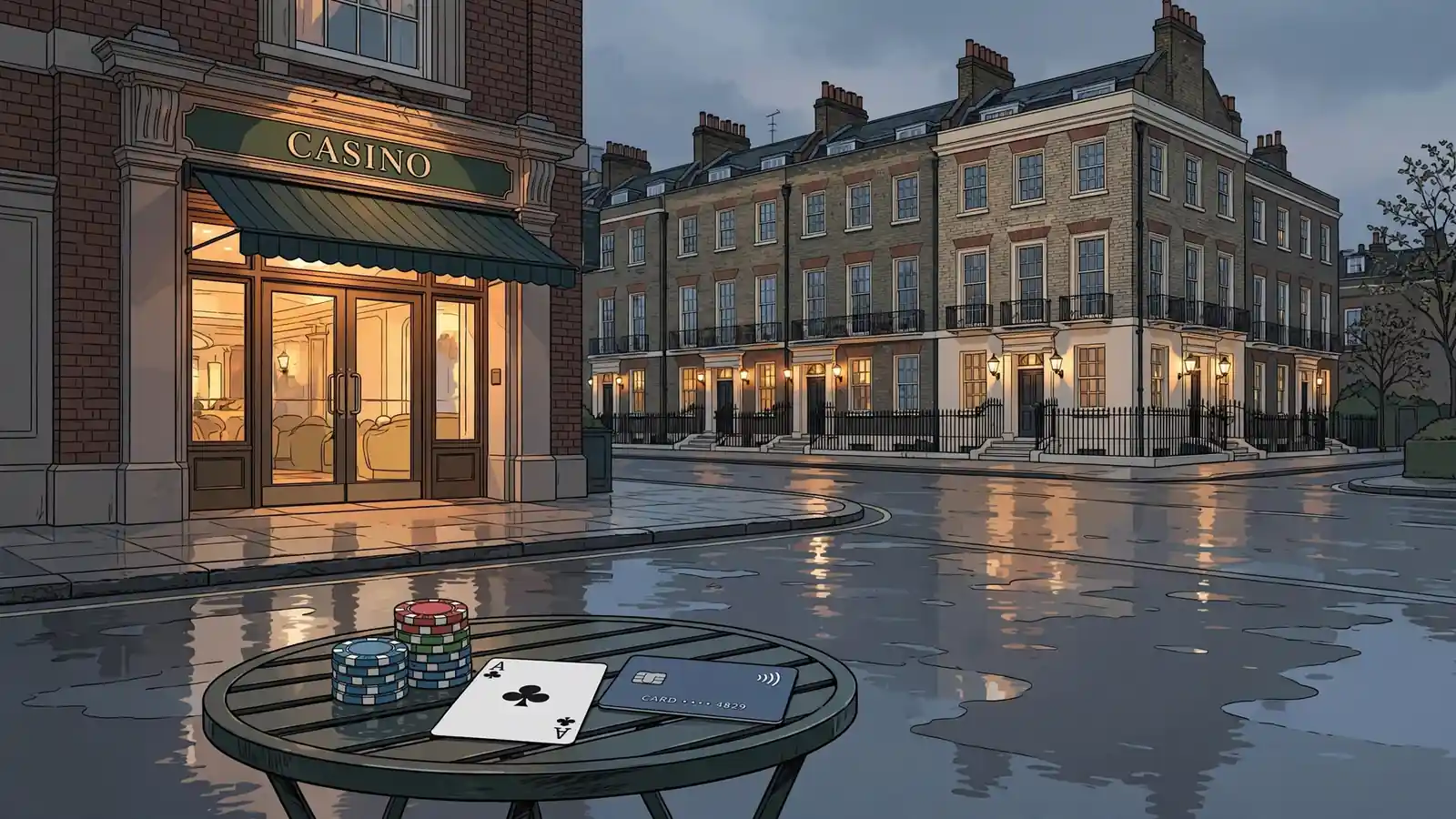 London casino exterior at dusk with chips and a contactless card on a nearby table.