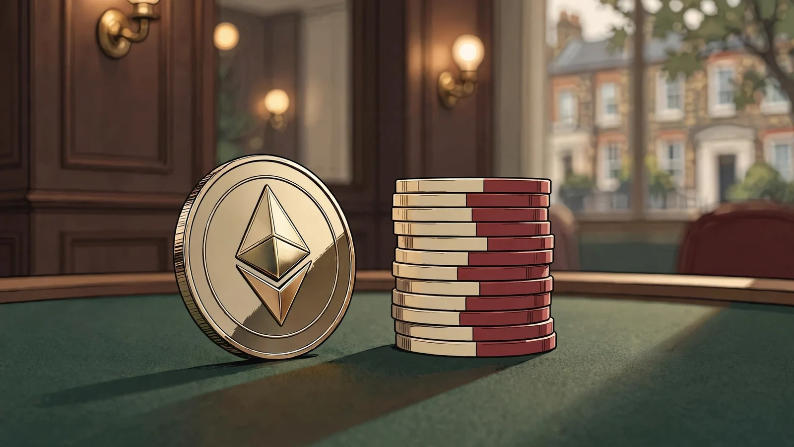 Ethereum coin and casino chips on felt under warm lamp light
