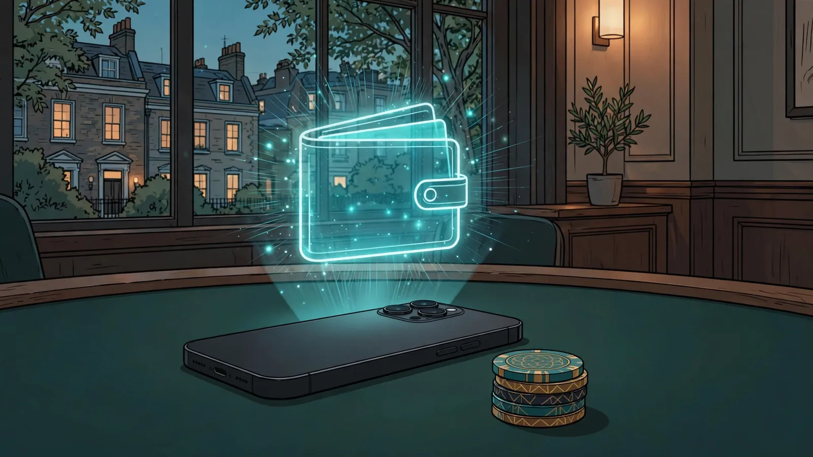 Smartphone on a casino table with a digital wallet icon, representing e-wallet payments at UK casino sites.