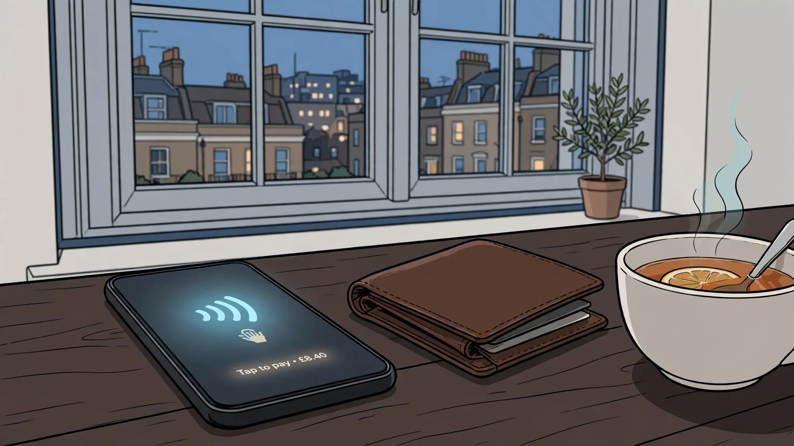 Smartphone with contactless payment symbol on a table in a London flat.