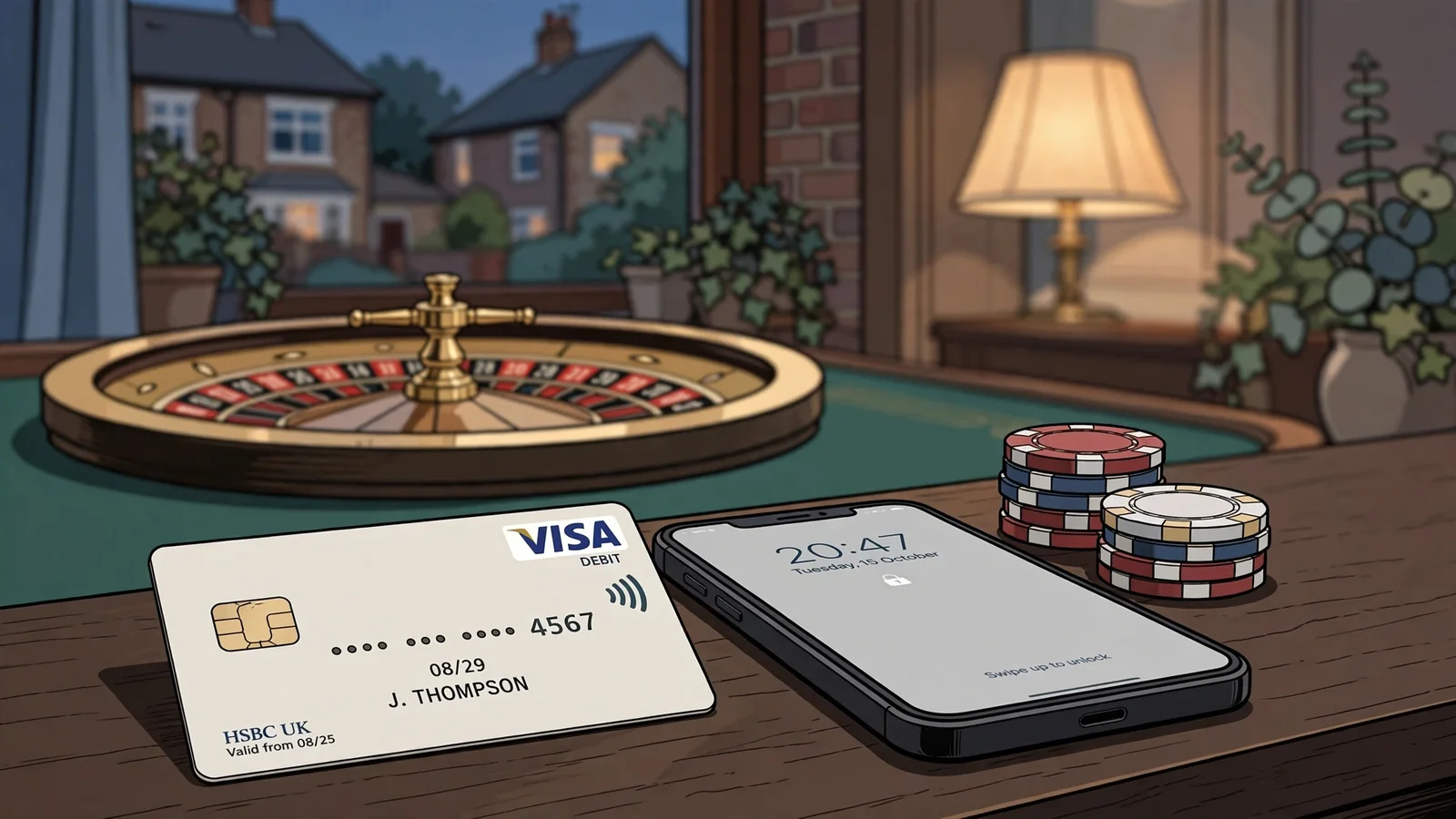 UK bank card, smartphone, casino chips and roulette wheel on a wooden table.