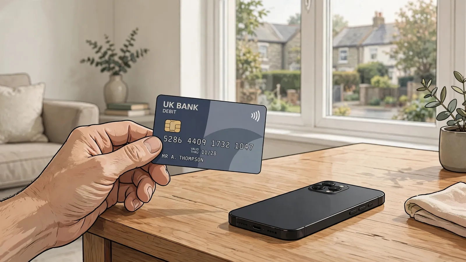 Hand holding a UK debit card beside a smartphone on a table