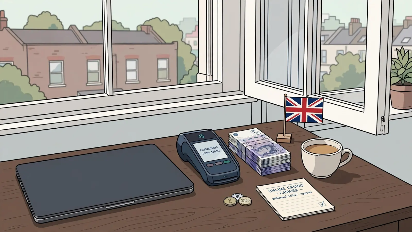 Online casino cashier setup with payment terminal and Union Jack on a wooden desk.