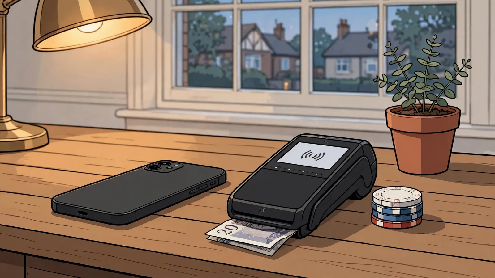 Smartphone, contactless payment terminal, and casino chips on a British home desk