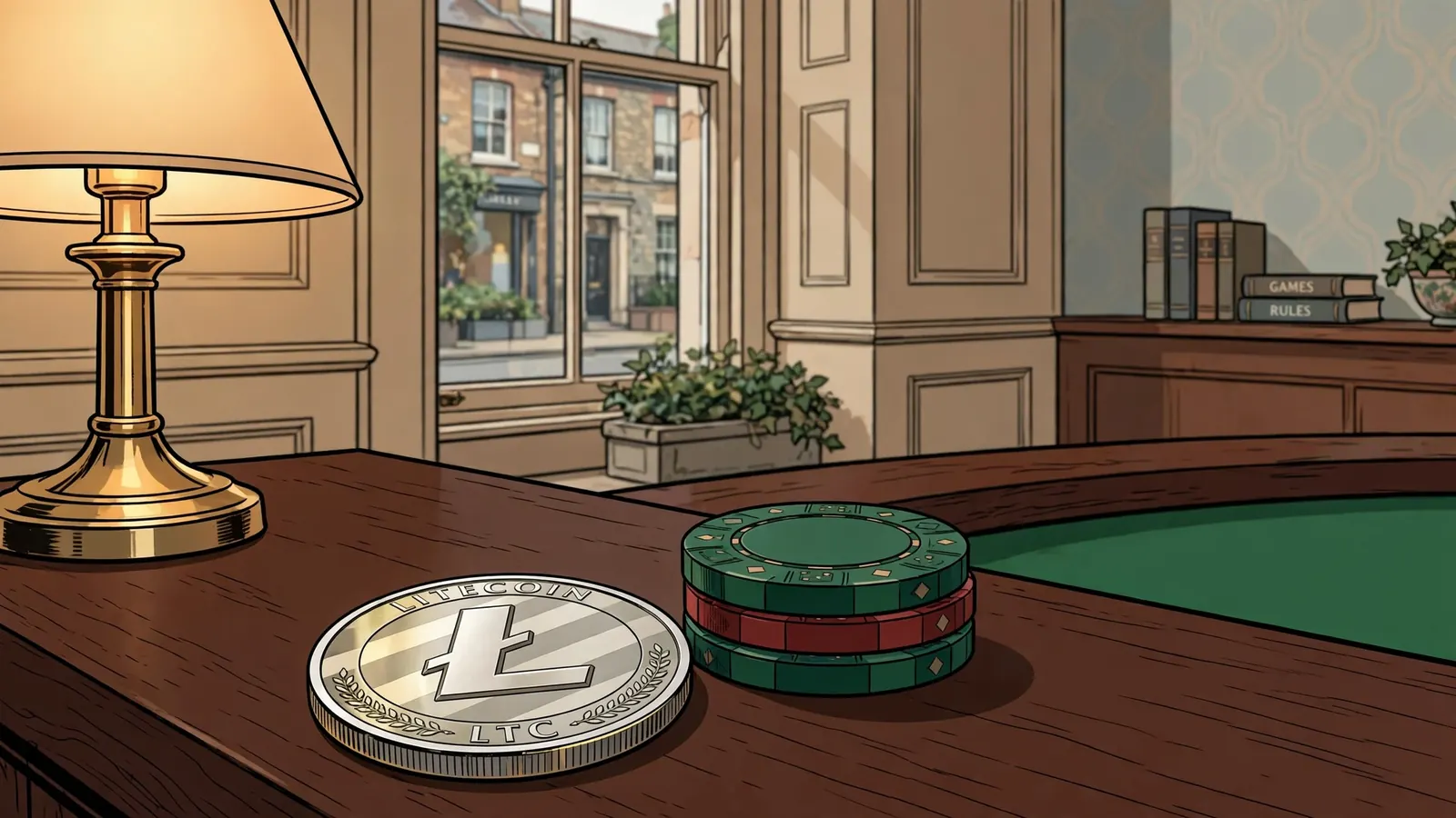 Litecoin token on wooden table beside casino chips in UK gaming lounge