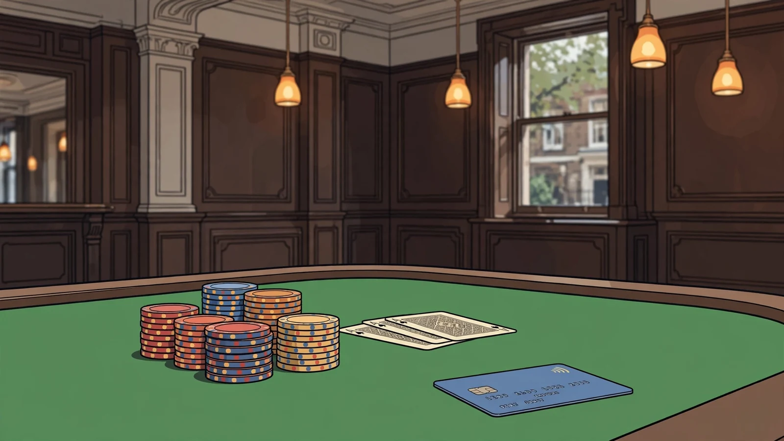 UK casino card table with chips, playing cards, and a debit card under warm lights.