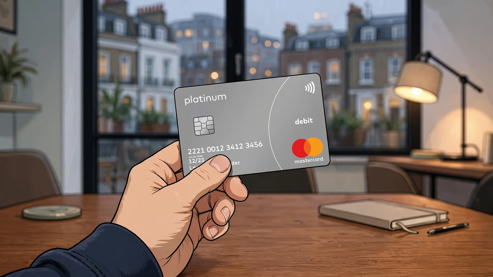 Hand holding a Mastercard debit card on a wooden table with a blurred London evening view.