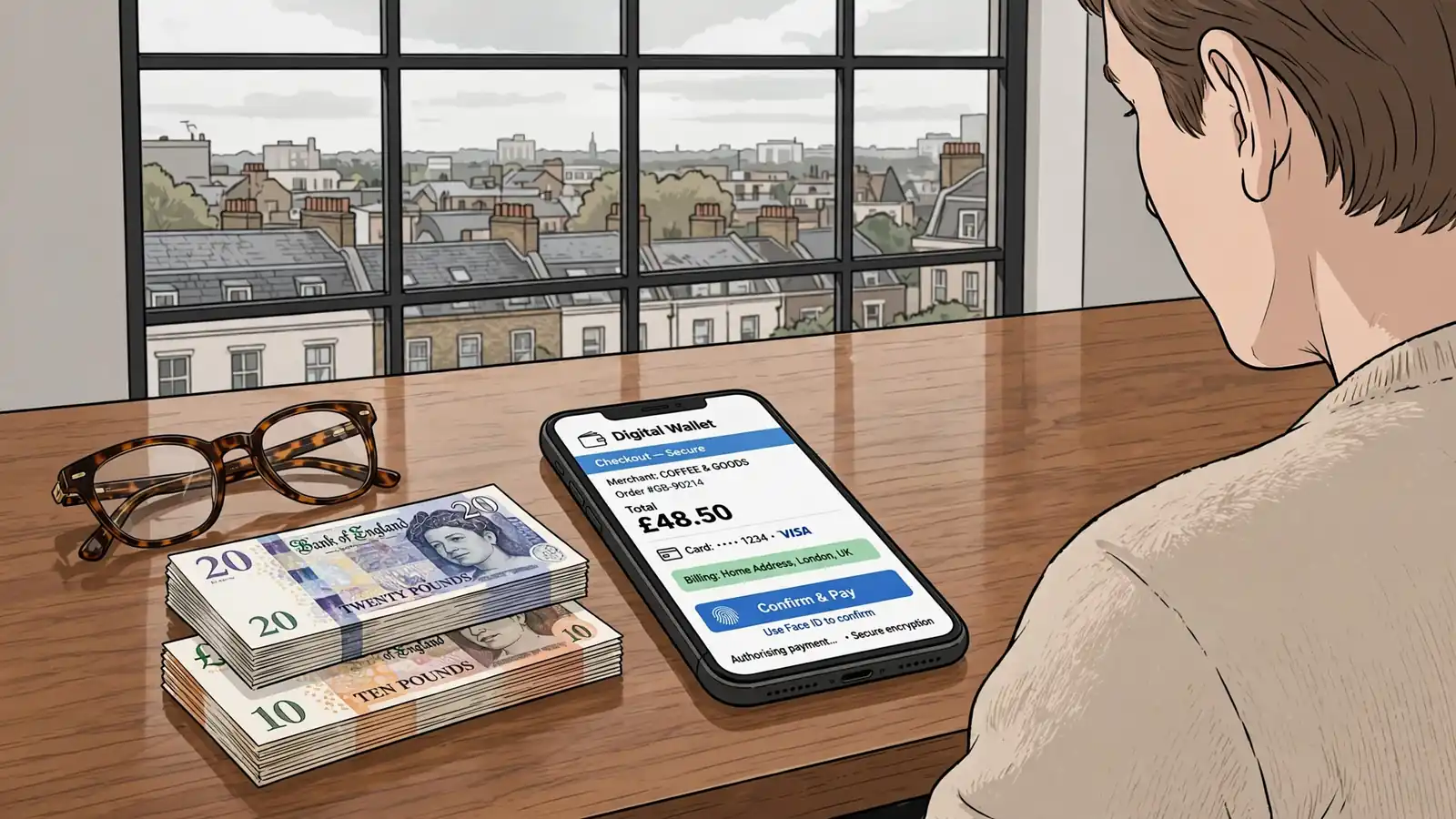Smartphone wallet checkout beside British pounds with London skyline.