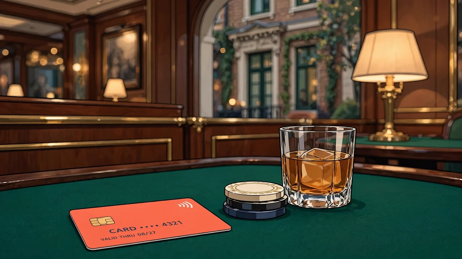 Coral-orange bank card on green felt casino table with chips