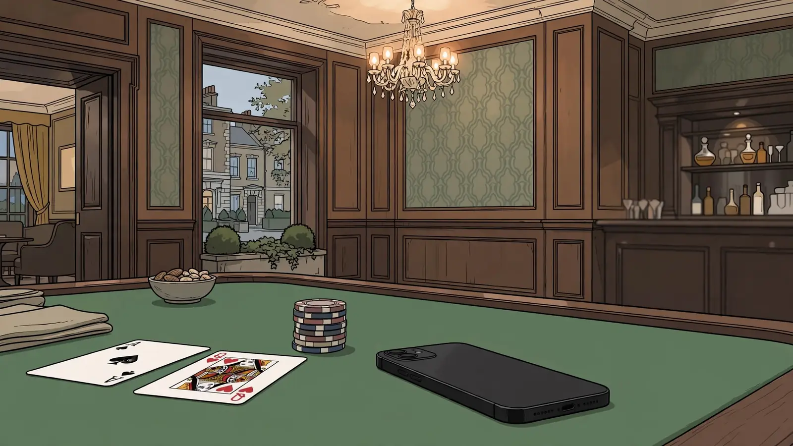 Smartphone on a green casino table beside chips and cards in a British casino lounge.