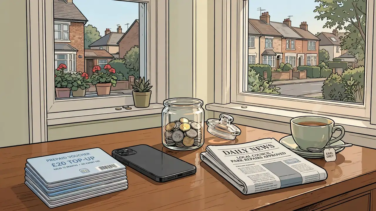 Prepaid voucher cards, a face-down phone, and a cup of tea on a wooden desk in a British home.