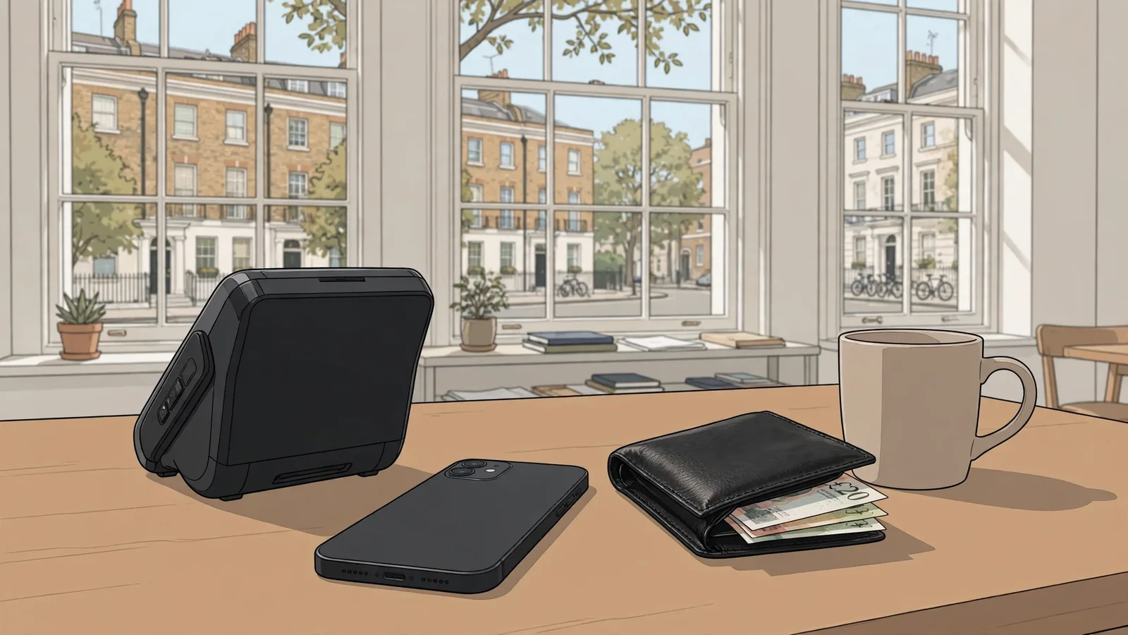 Smartphone and card payment terminal on a wooden table in a London coworking space