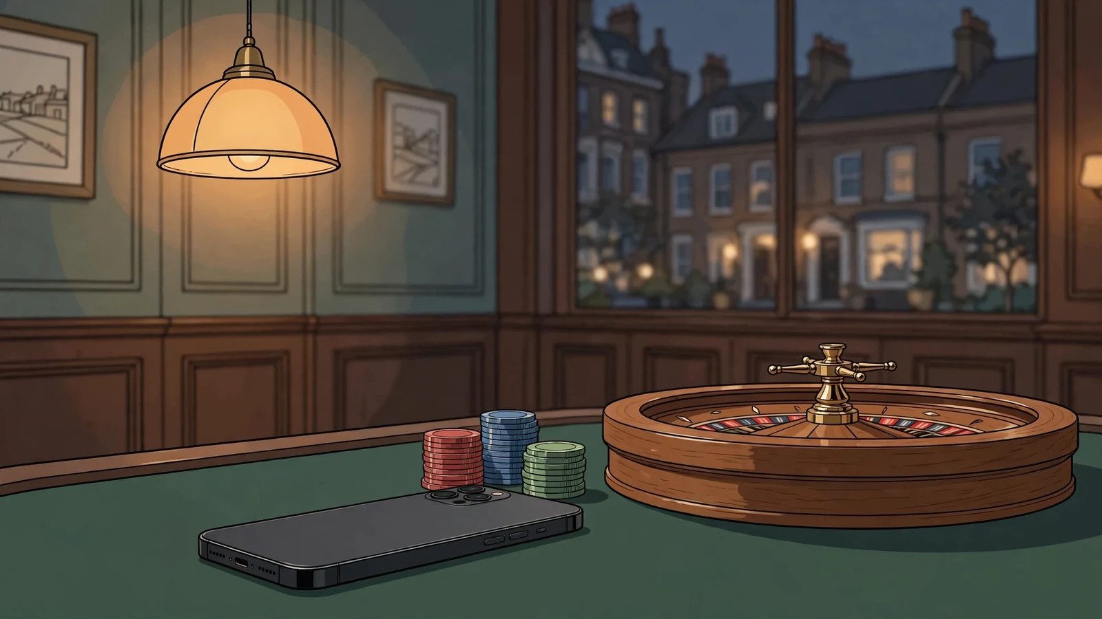 Smartphone on a green felt casino table with chips and a roulette wheel