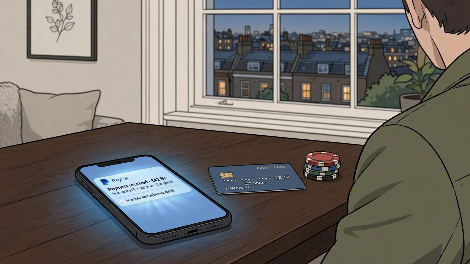 Smartphone with PayPal notification on a table with a card and casino chips, London flat interior.