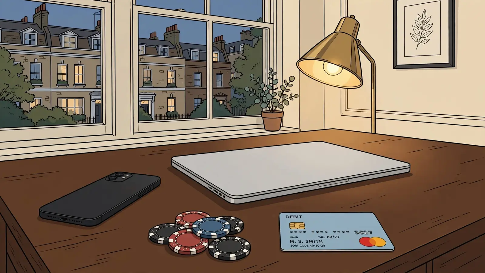 Smartphone, debit card and casino chips on a desk